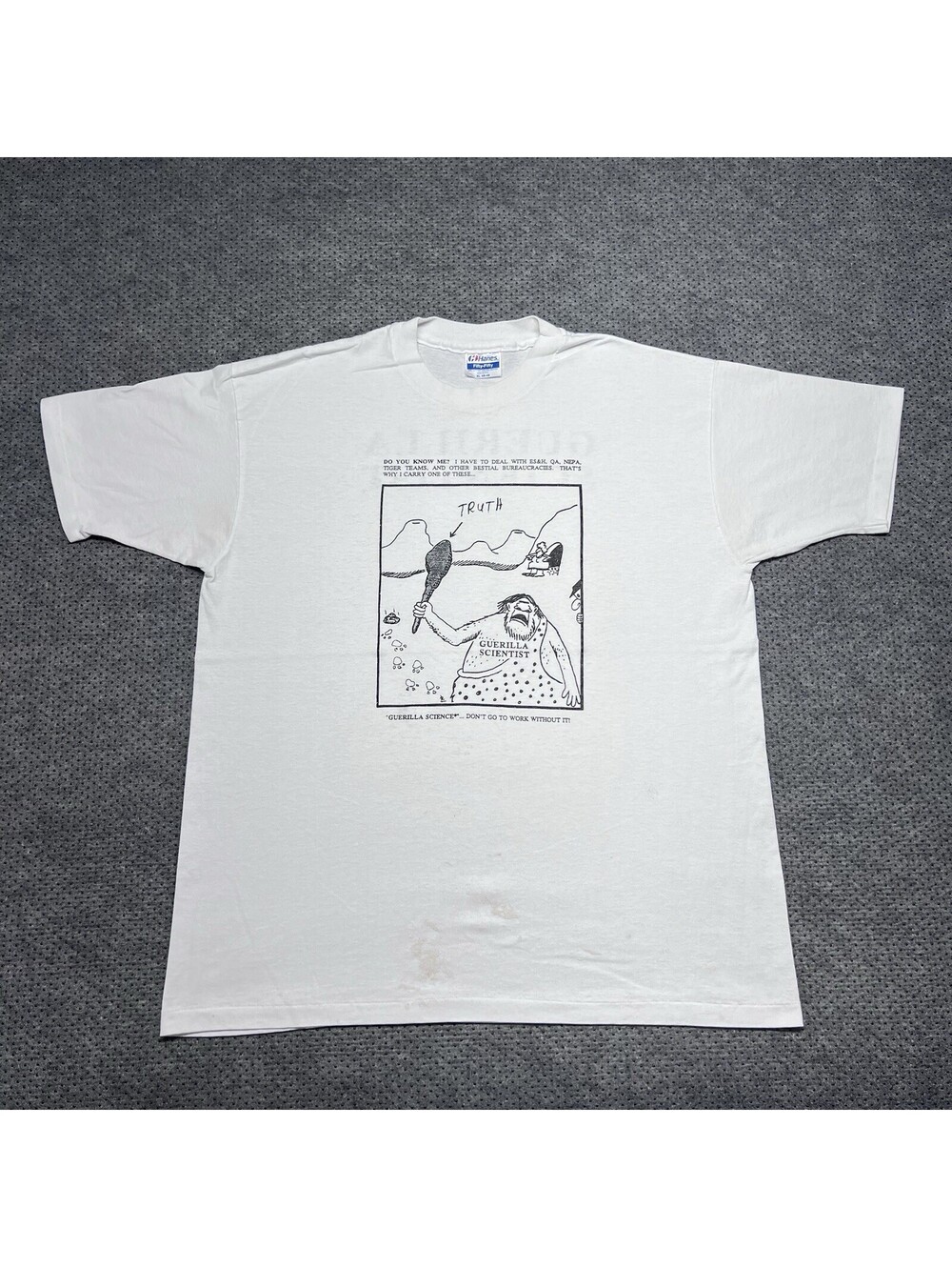 Vintage 1980S GUERILLA Scientist Art Shirt XL Caveman Men’s White Rare Promo